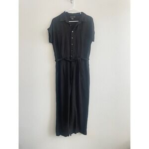 Tahari Jumpsuit Women L Black 100% Linen Button Collared Wide Leg Belt Coastal